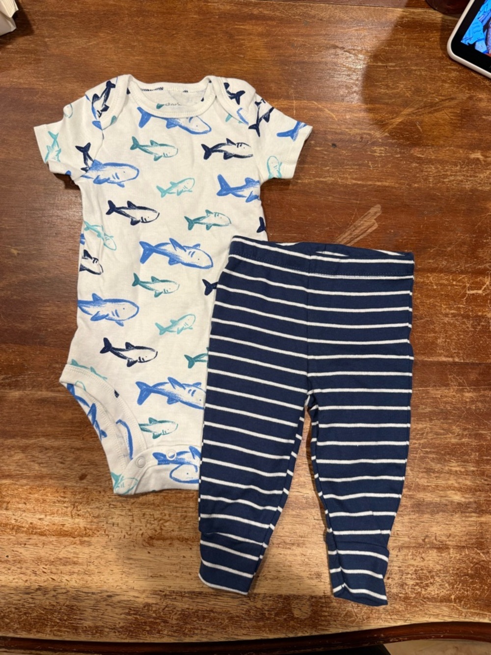 Carter's White Onesie with Blue & Teal Shark Print and Navy Striped Pants Set